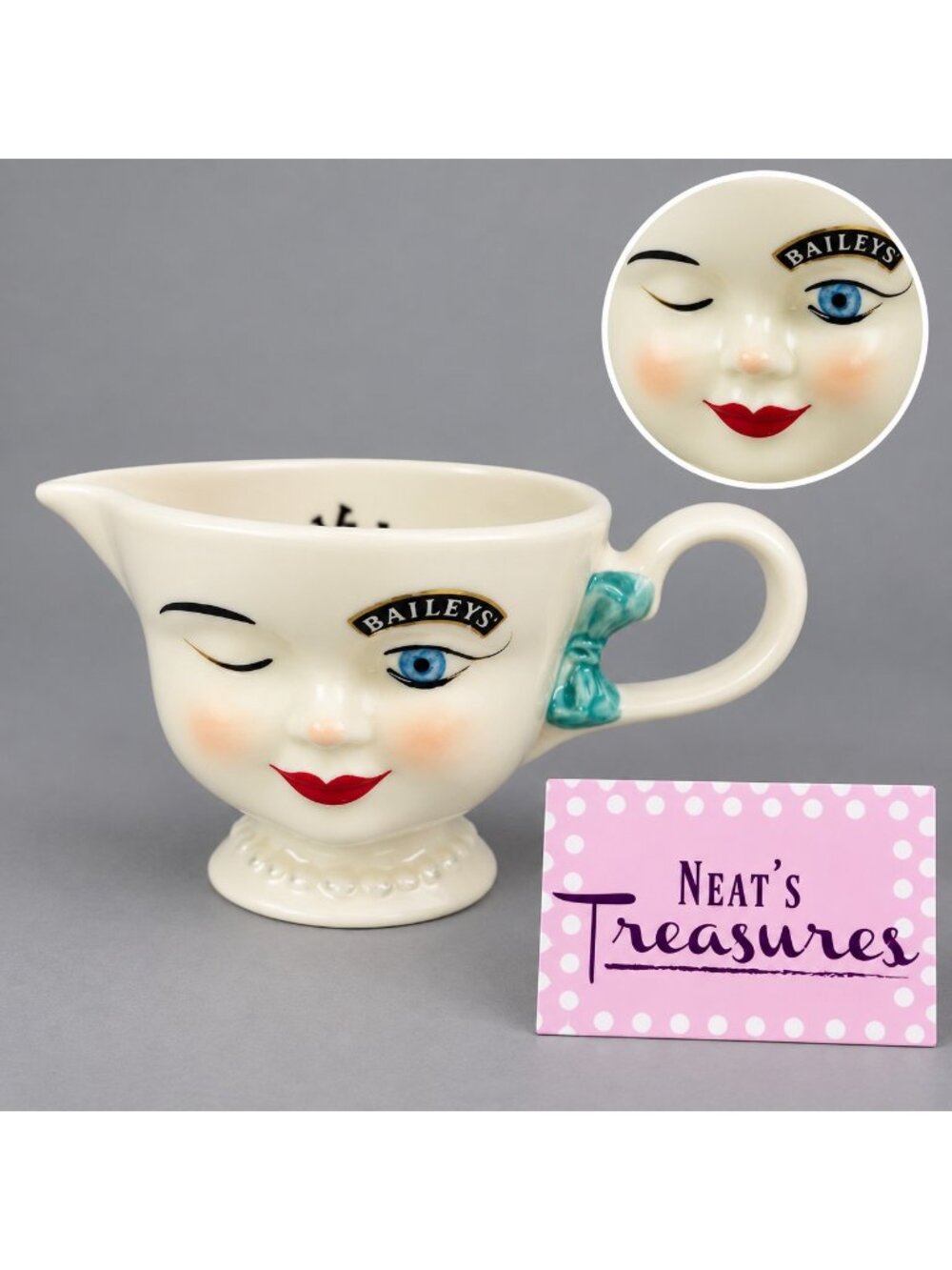 Baileys Irish Cream WINKING FACE YUM Bow Tie Blue Eye Ceramic Footed Creamer